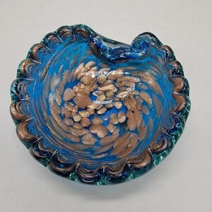 Vtg Murano Style Art Glass Bowl 6" Bullicante Blue Copper Mid Century Ashtray